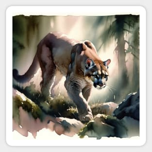 Mountain Majesty: Stealthy Mountain Lion Watercolor Sticker